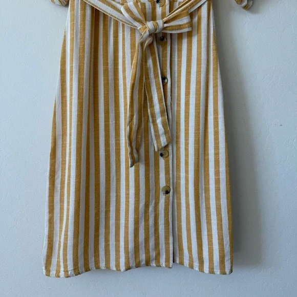 Lily Black Yellow White Striped Button Down Lined Linen Blend Midi Dress Small - Picture 2 of 11